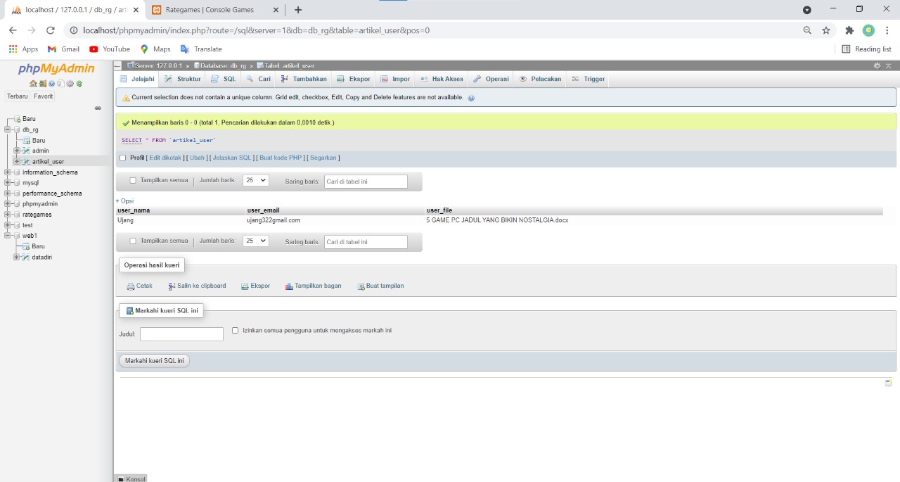 Tampilan dari sisi Database